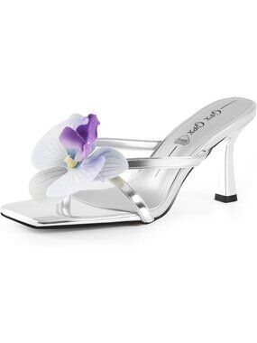 Women's Silver Flower Kitten Heels Slide Sandals Comfortable Slip On Open Toe